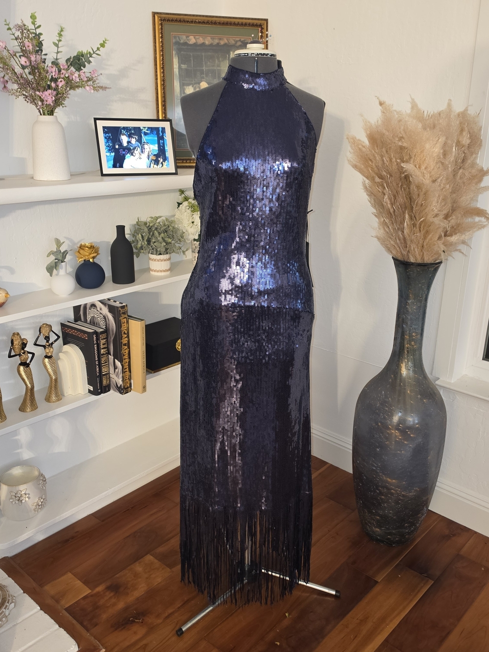 House of Harlow 1960 Navy Sequin Fringe Maxi Dress